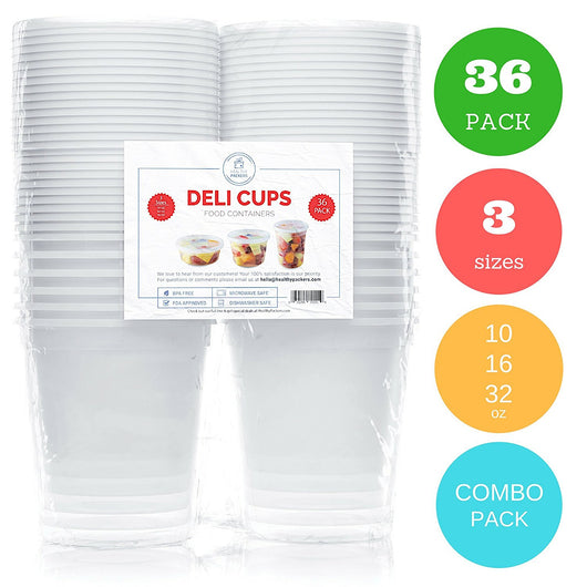 Food Storage Containers - Deli Cups Combo Pack/8oz, 16oz, 32oz/BPA-Free/Reusable & Leakproof/Microwave, Dishwasher and Freezer Safe/Round Clear Takeout Container (36 Pack)