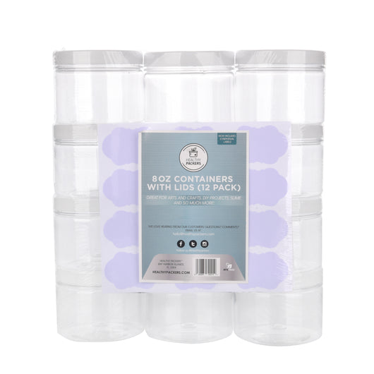 Slime Containers with Water-tight Lids (8 oz, 12 Pack) - Clear Plastic Food Storage Jars with Individual Labels- Great for your slime kit - BPA Free